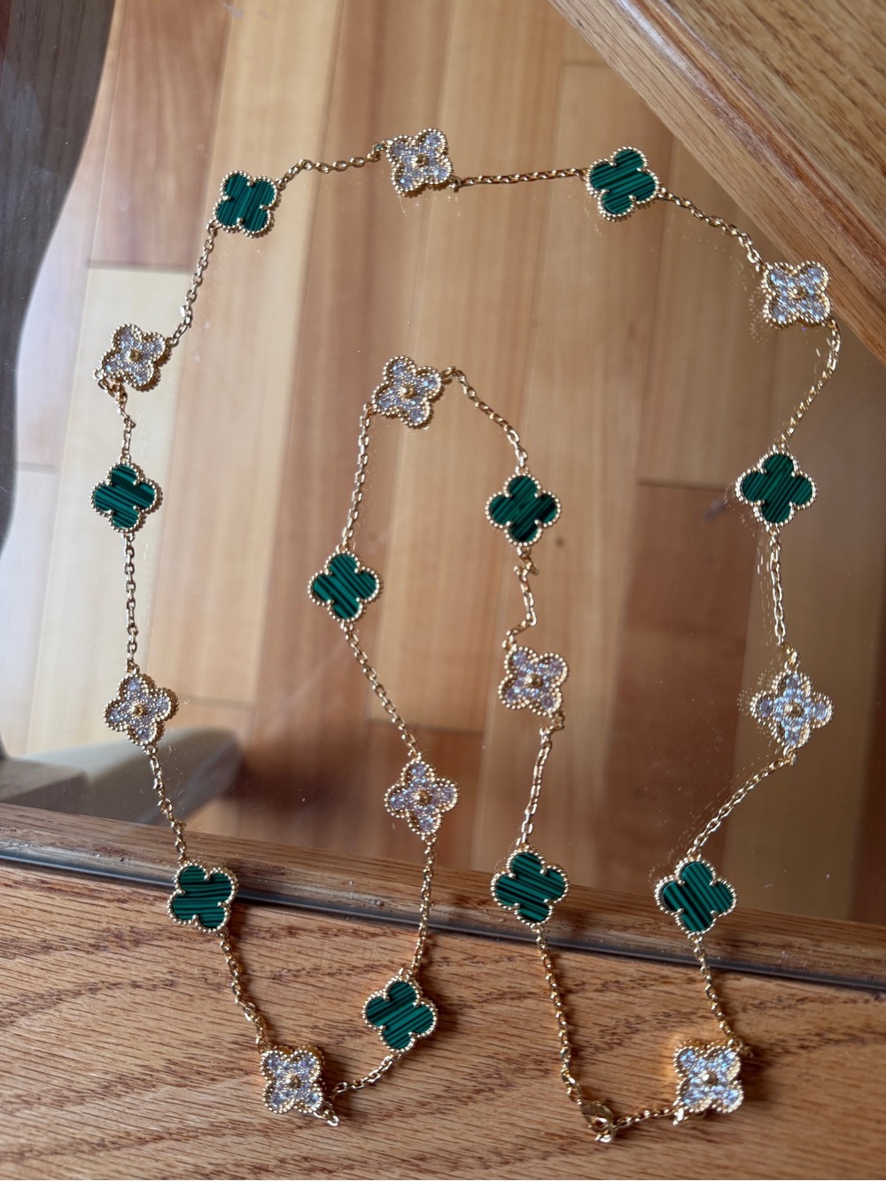 Green Clover Station Necklace with Gold Tone and Crystals